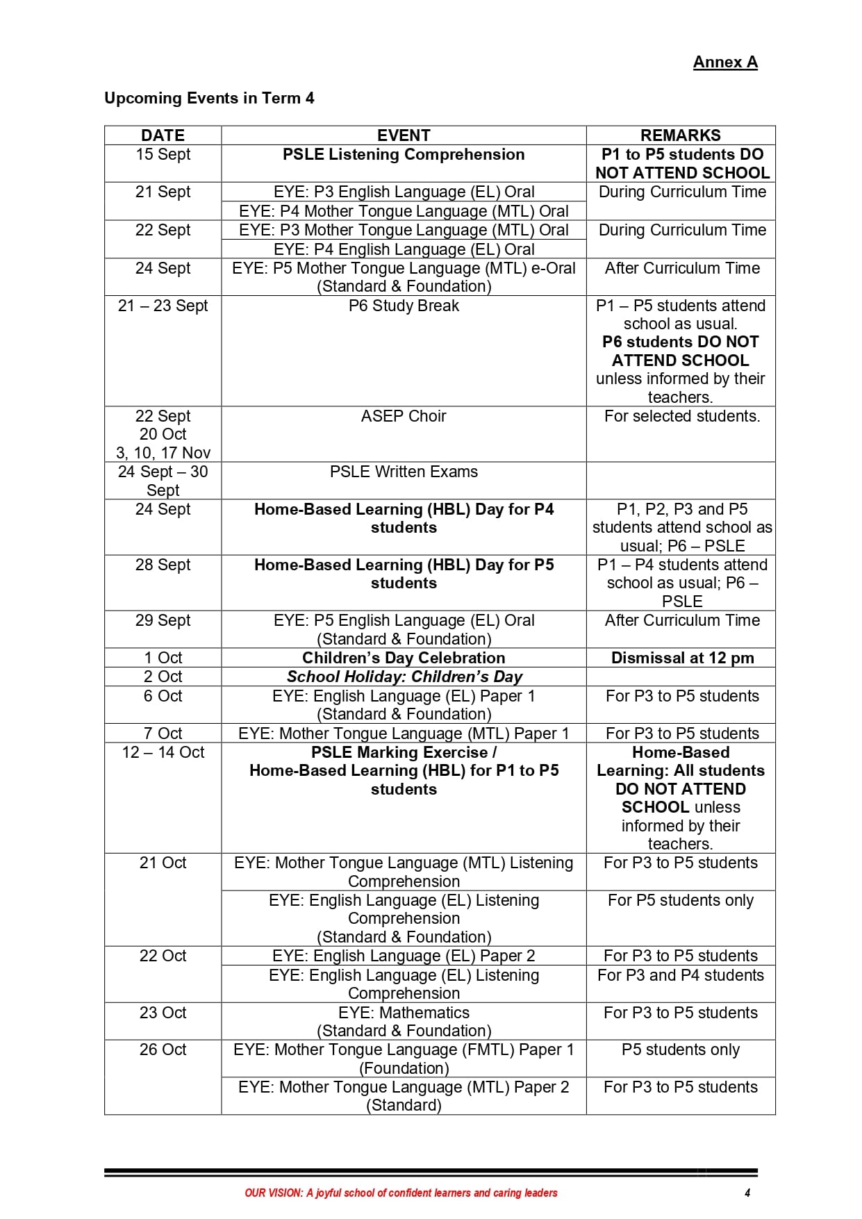 Table titled Upcoming Events in Term 4 listing Sept–Oct school events, exams, and remarks for P1–P6.